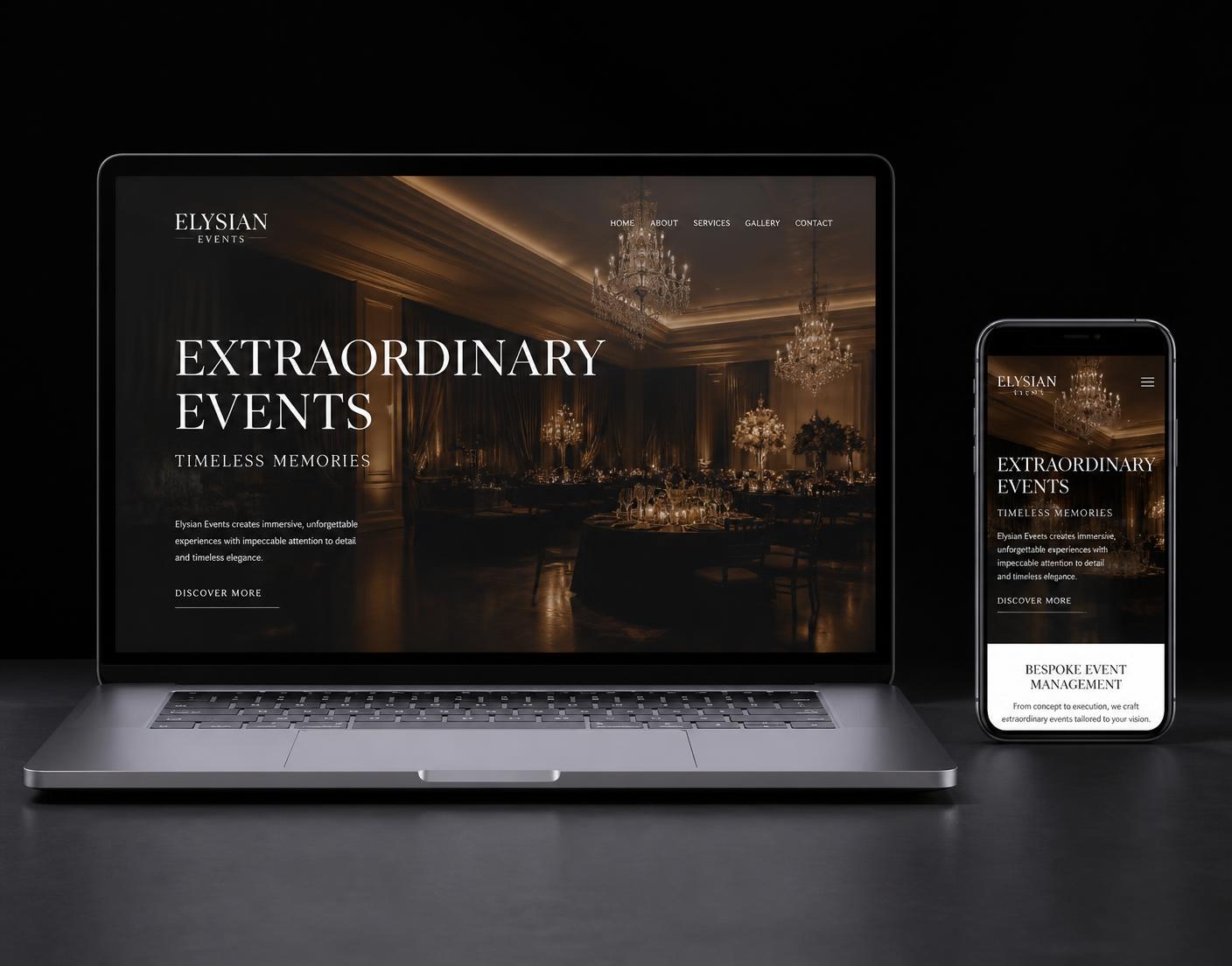 Site de um espaço de eventos sofisticado exibido em notebook e smartphone